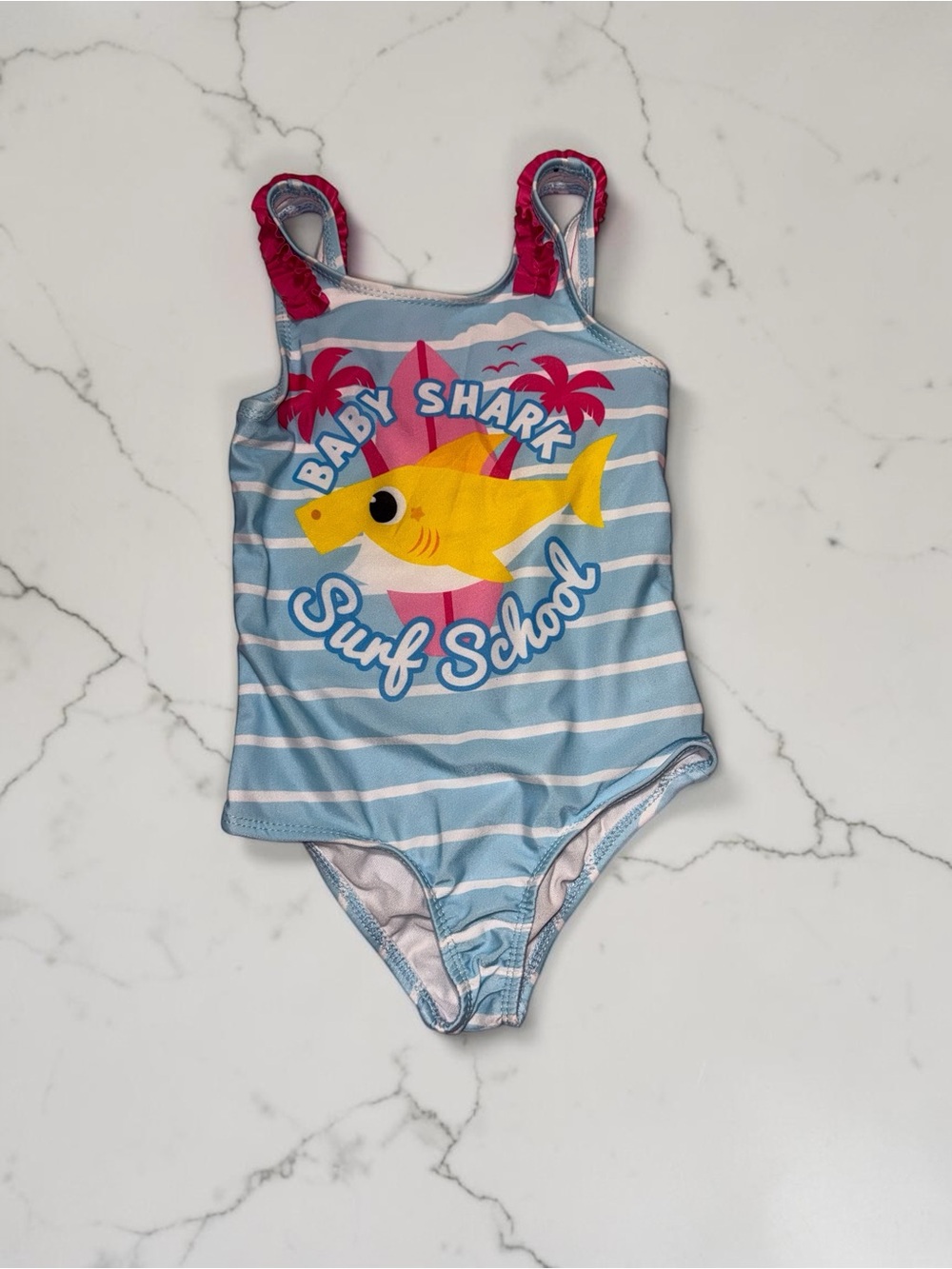🩵🩷Baby Shark Surf School Girls' Blue One-Piece Swimsuit with Pink Accents🩷🩵
